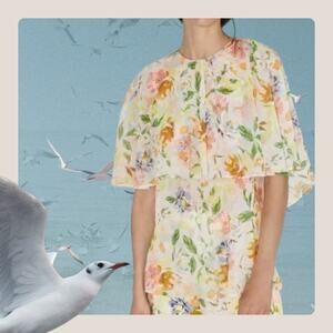 ZARA Floral Cape Blouse Top Womens Small Yellow Peach Short Sleeve Chiffon Sheer